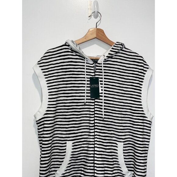 NWT Lauren Ralph Lauren Black & White Sleeveless Striped Zip Pockets Women's Hoo - Picture 2 of 11